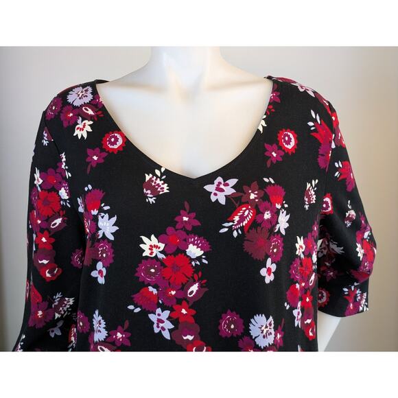 Ann Taylor Factory Top XL Black Pink Red Bold Floral Print 34 Sleeve Stretch - Picture 5 of 10